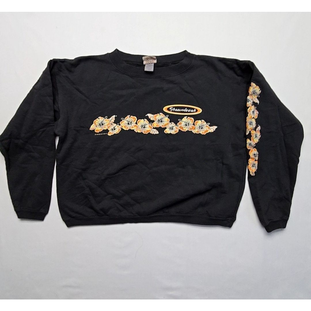 Vintage Vintage Steamboat Floral Sweatshirt Cropped Black Y2K Size ONE SIZE - 1 Thumbnail