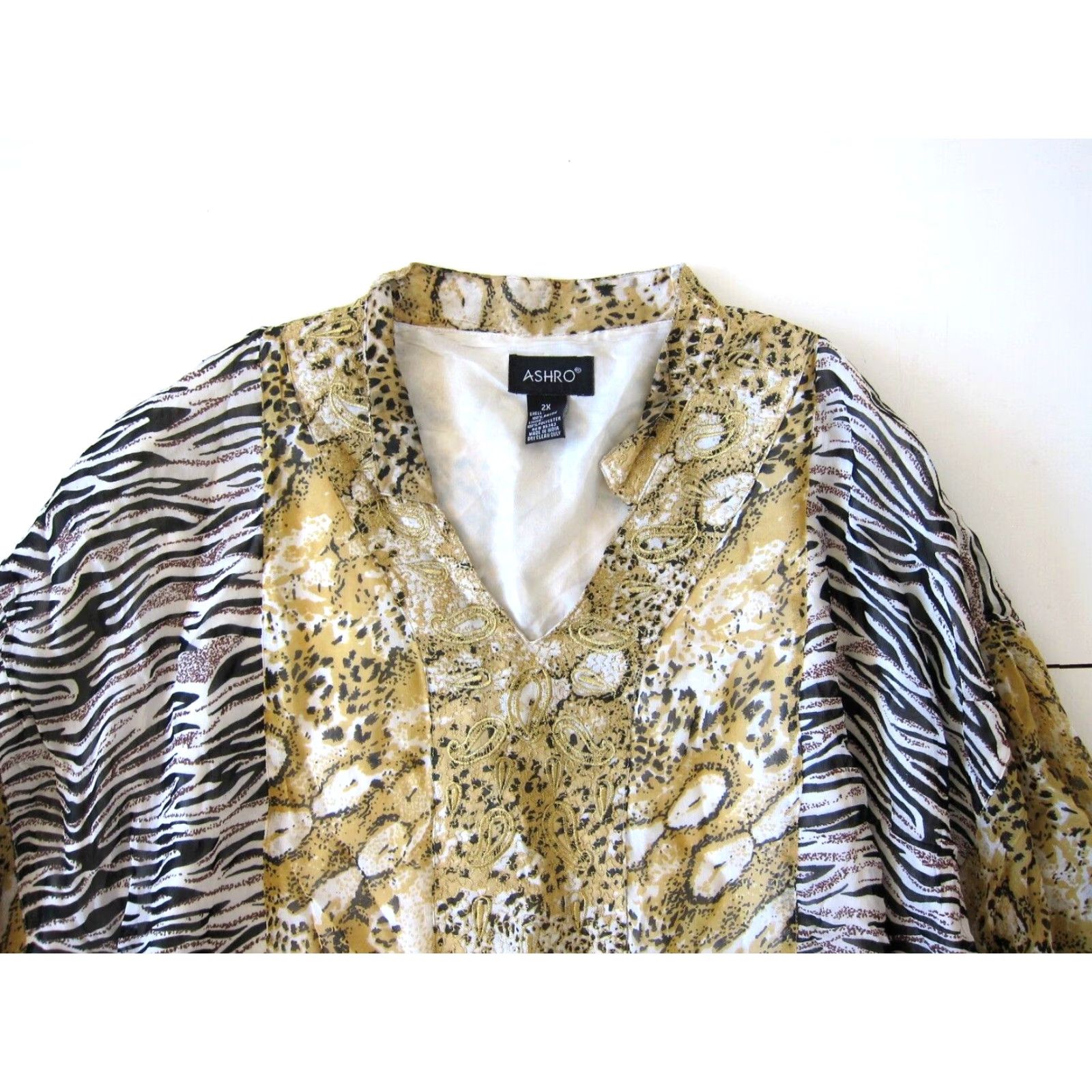 Vintage Ashro 100% Rayon Gold Black Cheetah Zebra Long Maxi Kaftan Maxi Muumuu Dress 2X Size XXL / US 16-18 / IT 52-54 - 3 Thumbnail