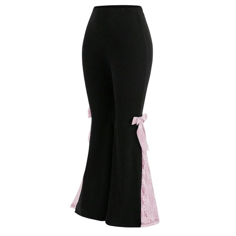 Shein Women's Lace Bow Accent Wide Leg Leggings in Black, Size 3XL Size 40" / US 18 - 1 Thumbnail