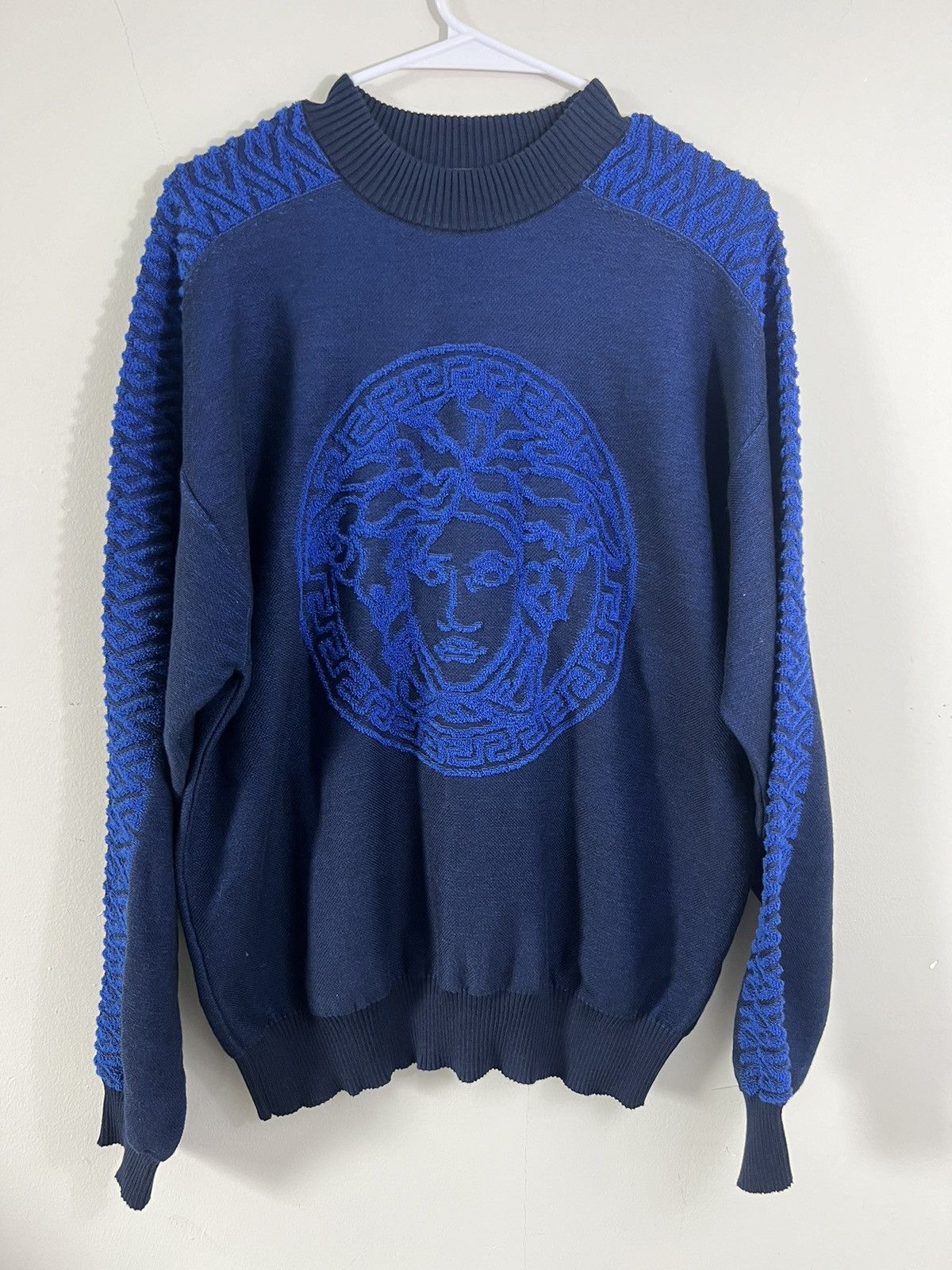 image of Versace Medusa Knit Logo Sweater in Blue, Men's (Size Small)