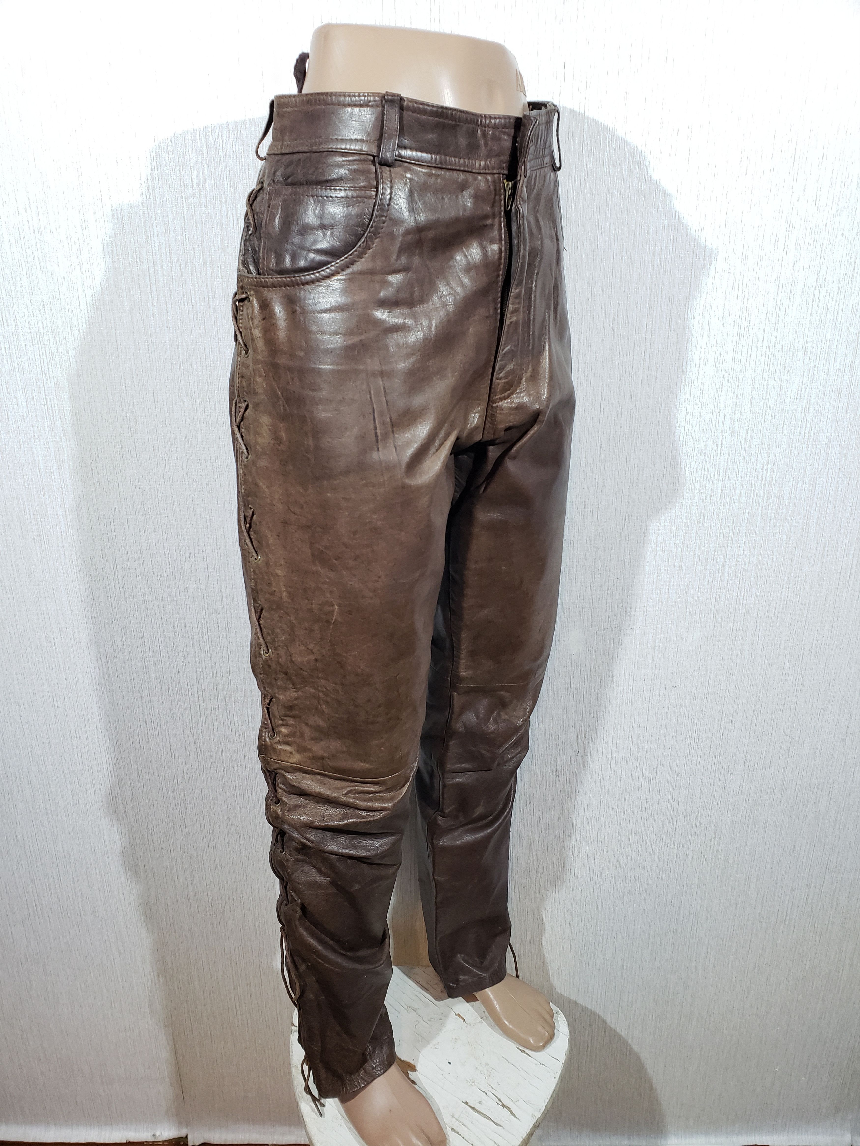 Genuine Leather Brown leather pants with decorative lacing. Size US 33 - 2 Thumbnail