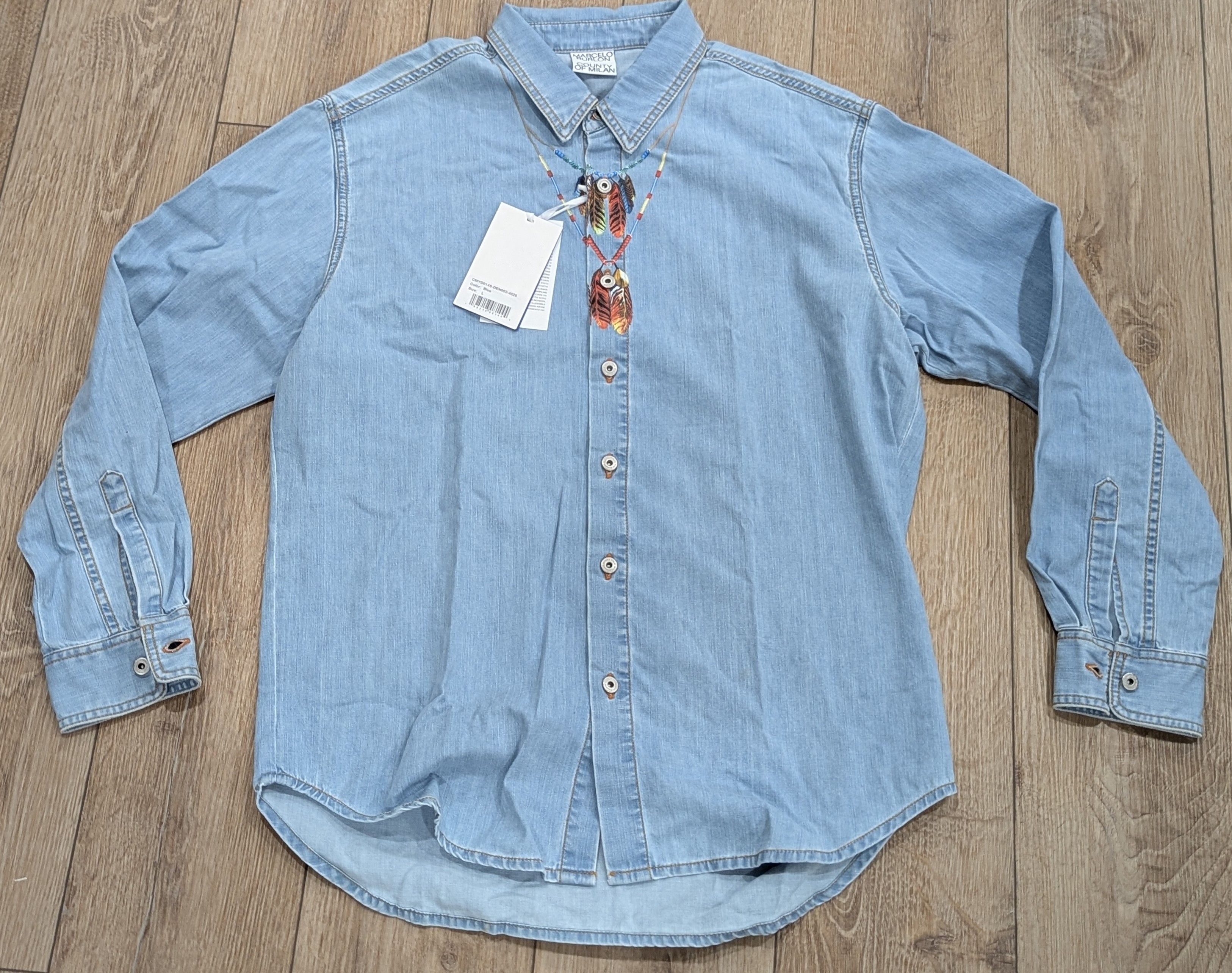Marcelo Burlon Feather Print LS Button Up Shirt Blue Large
