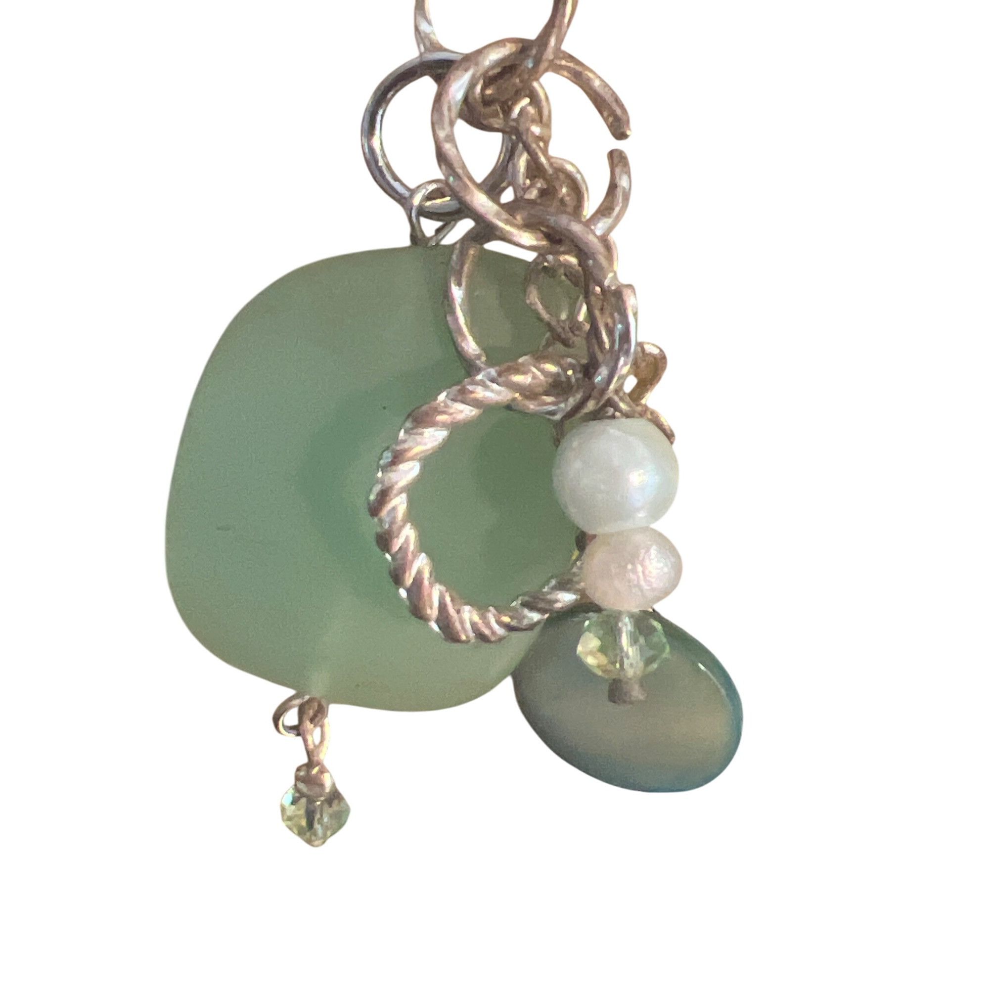 Other Vintage Green Sea Glass Faux Pearl Dangle Earrings Silver To Size ONE SIZE - 2 Thumbnail