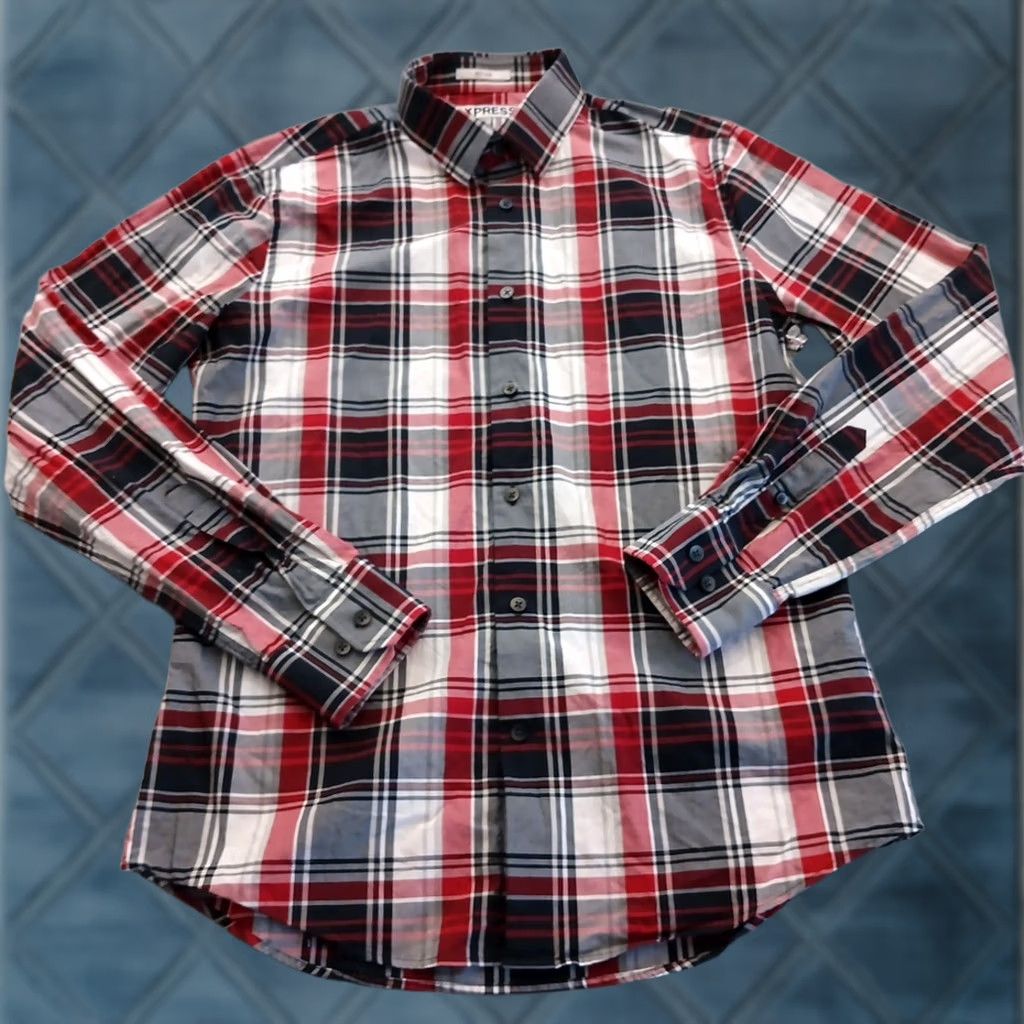 Express Express Shirt Mens Medium Fitted Red Plaid Long Sleeve Button-Up  Cotton | Grailed