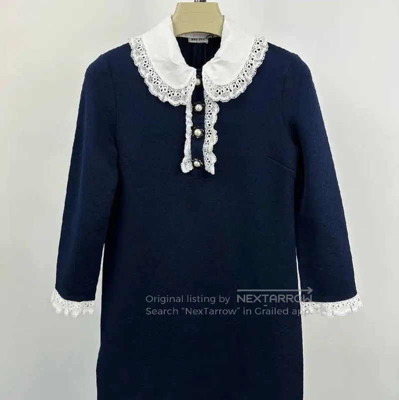 Miu Miu Dark Blue Cotton Dress with Lace Collar .