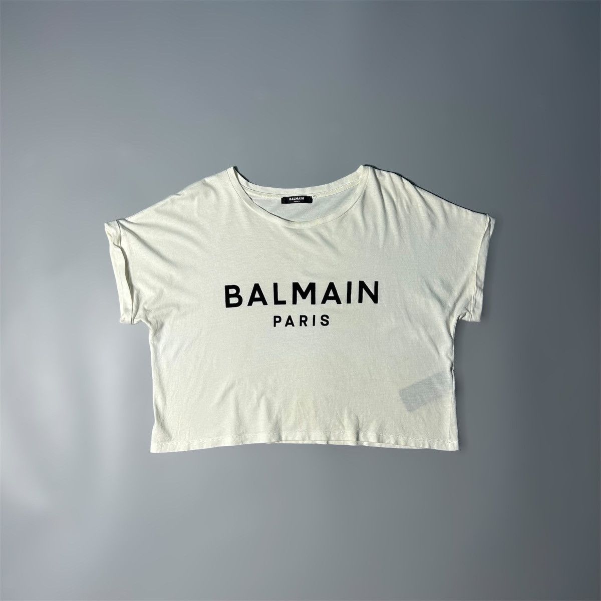 image of Balmain Printed Cropped T-Shirt in White, Women's (Size XS)