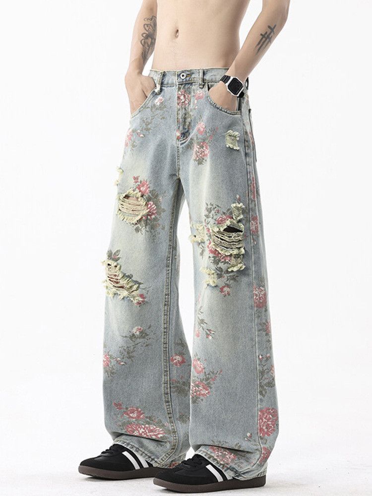 Japanese Brand Men's American high street flared rose pattern ripped jeans Size US 32 / EU 48 - 5 Thumbnail