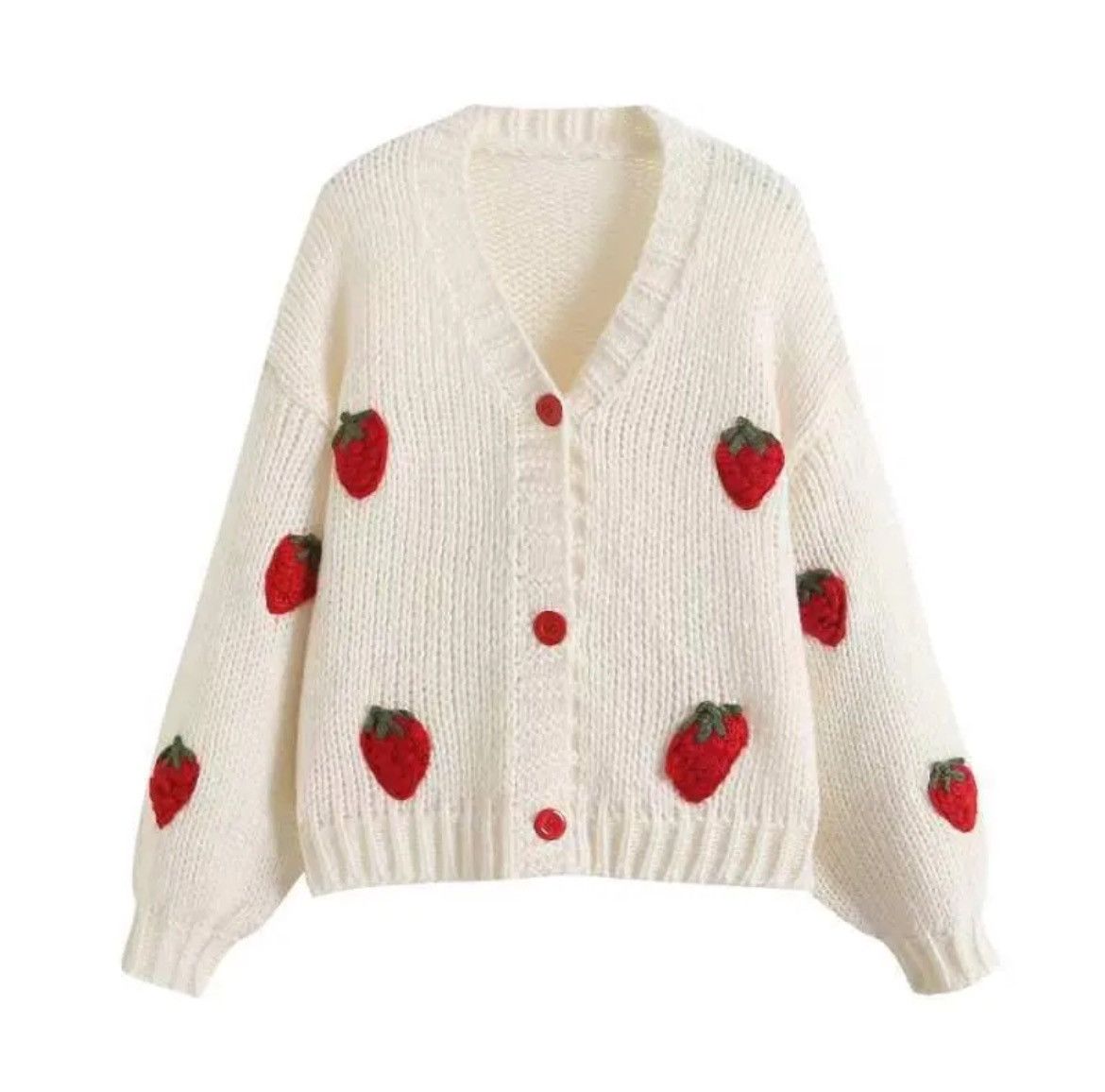 Vintage Strawberry knitted Sweater Puff Long Sleeve Sweater Cardigan Size ONE SIZE - 1 Thumbnail