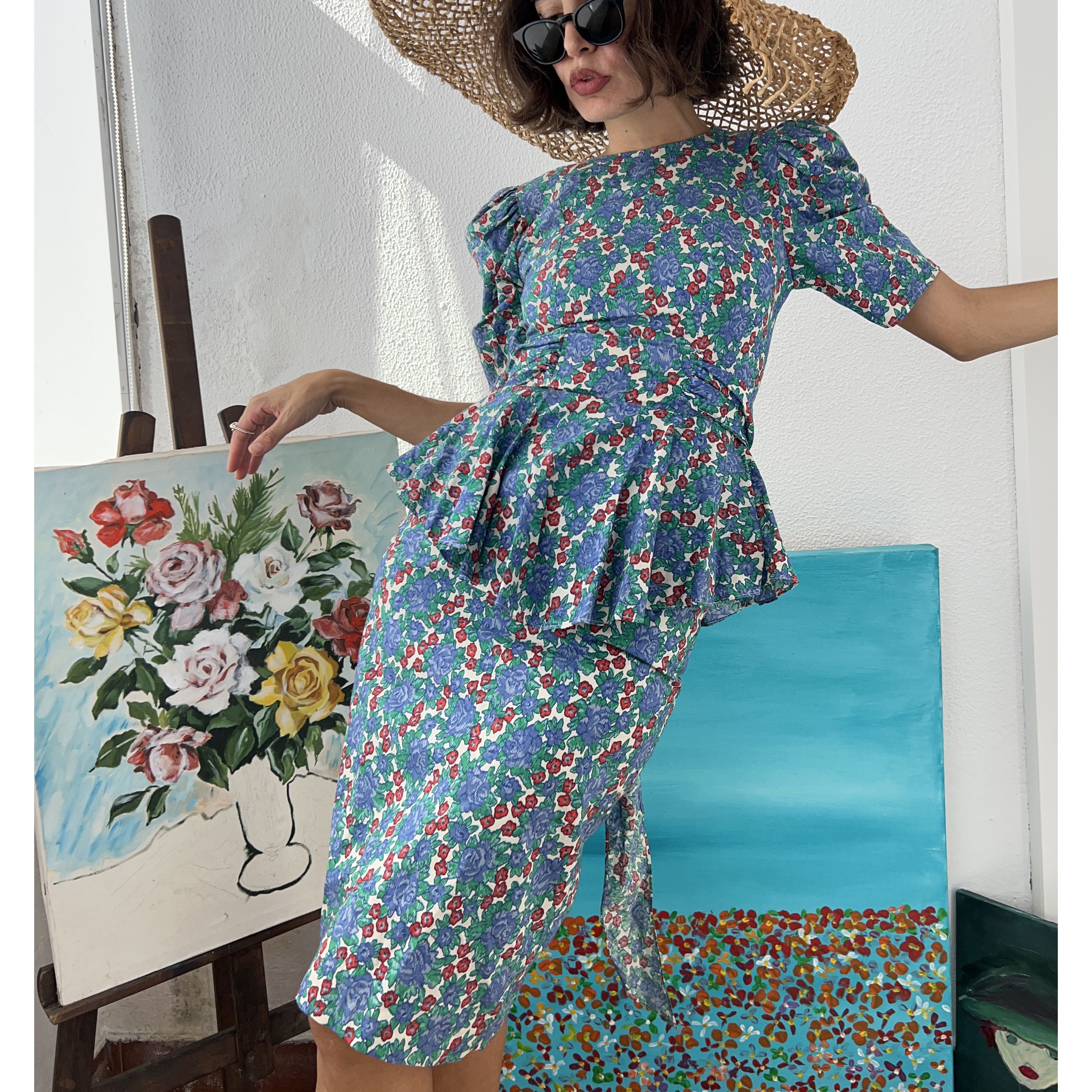 Vintage 80s Vintage Floral Cotton Midi Dress Size M / US 6-8 / IT 42-44 - 1 Thumbnail