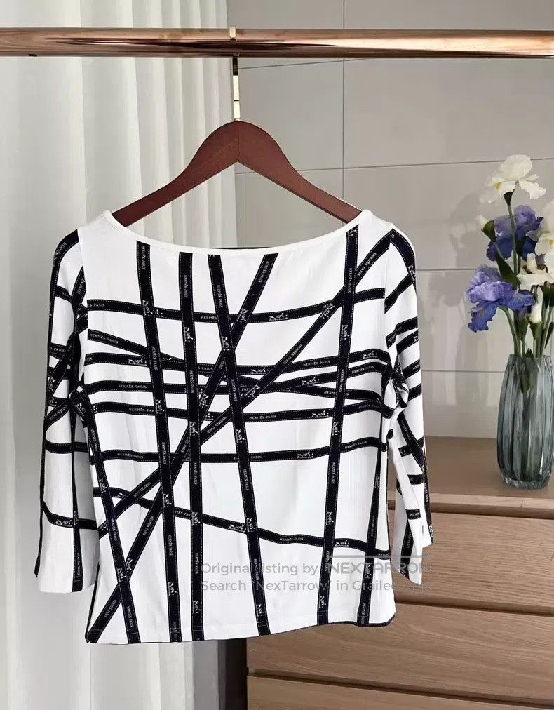 Hermes Hermes Black and White Striped Short Sleeve Top Size L / US 10 / IT 46 - 2 Thumbnail