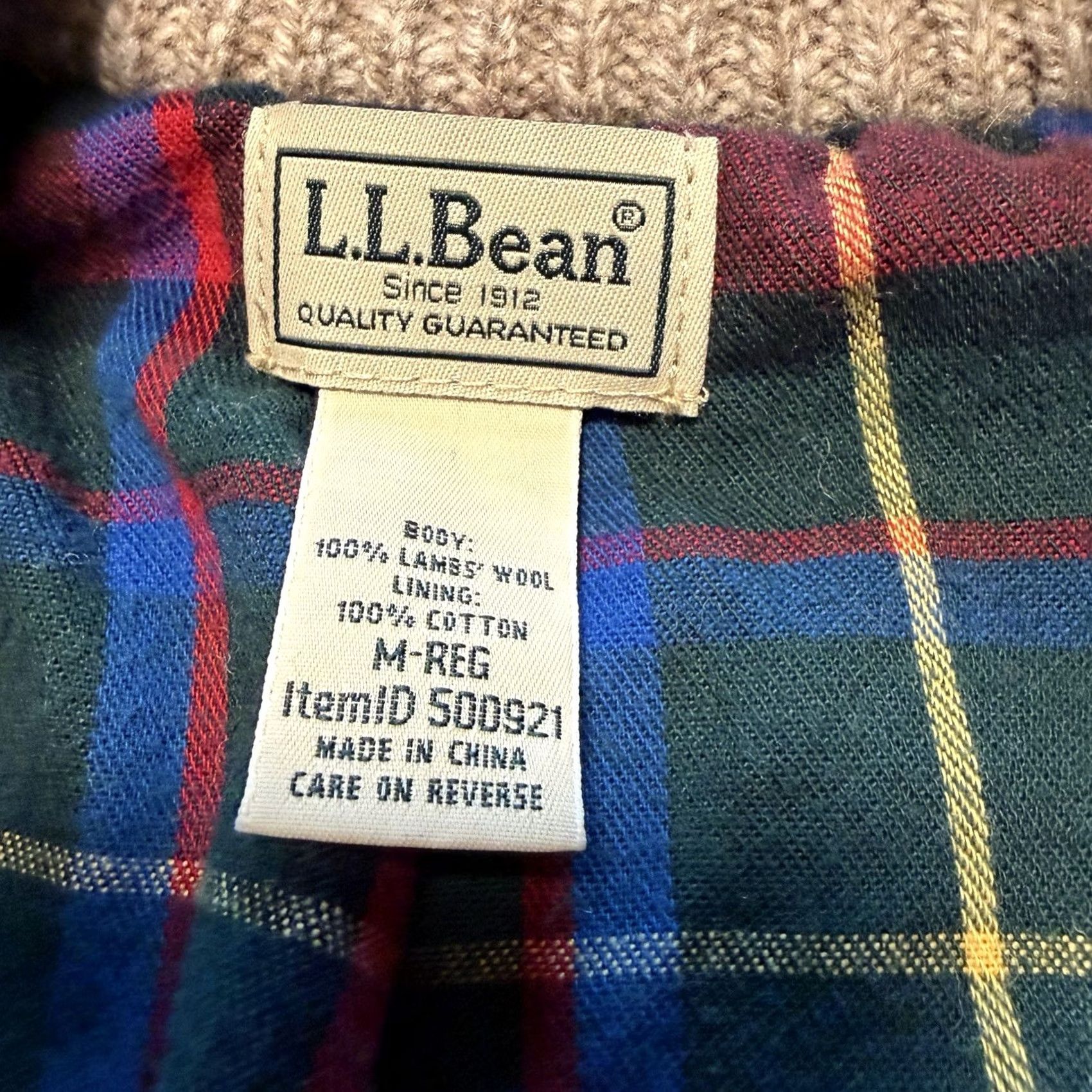 Vintage LL Bean Mens Lambswool Full Zip Sweater Jacket Medium Oatmeal Plaid Lined 500921 Size US M / EU 48-50 / 2 - 3 Thumbnail