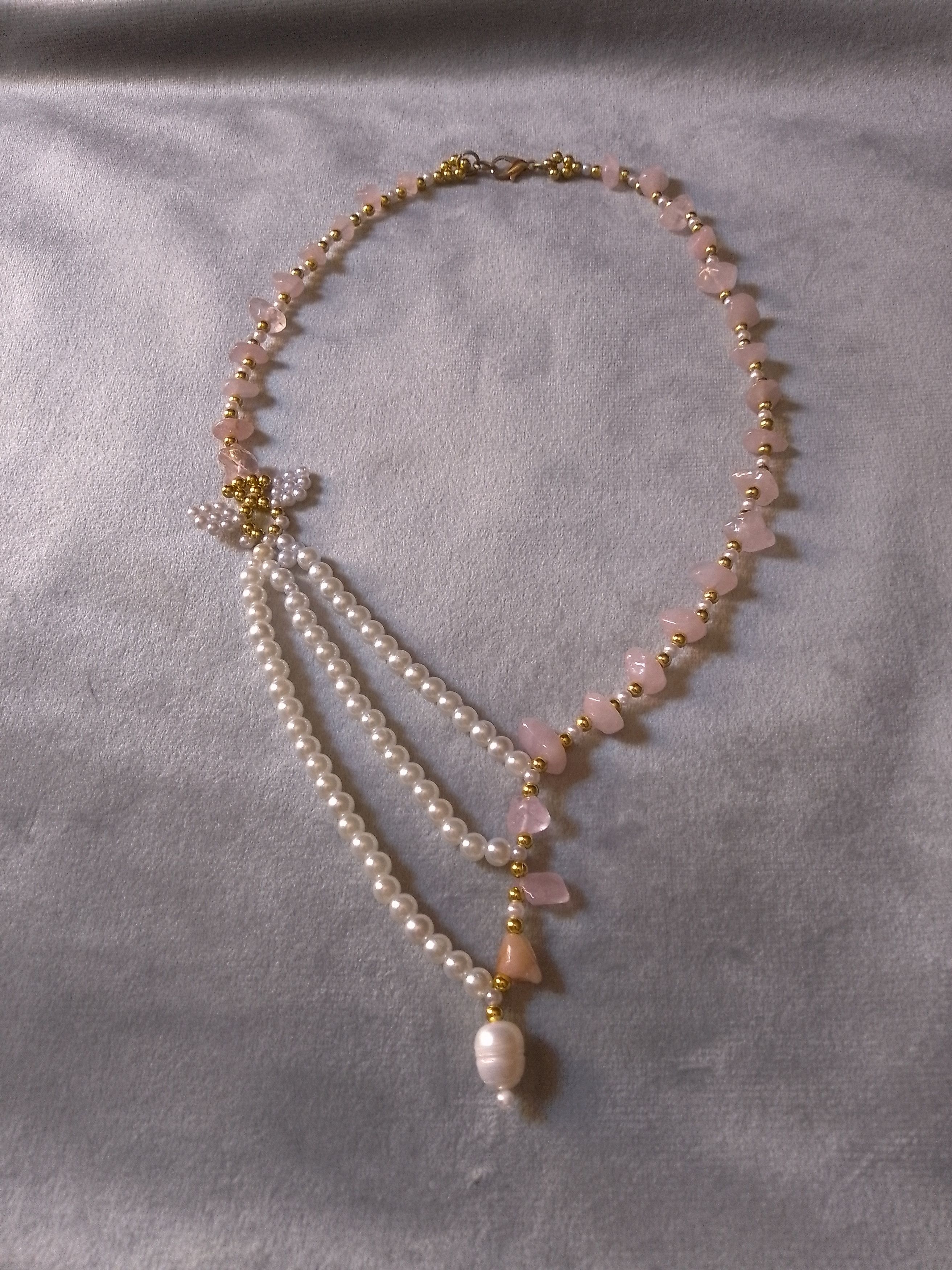 Handmade Necklace Rose Quartz Pearls Elegant Multi thread Size ONE SIZE - 1 Thumbnail