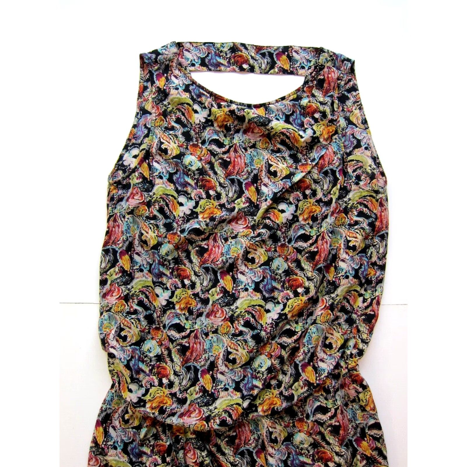 Vintage Stefanel 100% Silk Black Pink Green Floral Sleeveless Tunic Tank Dress 10 Size L / US 10 / IT 46 - 5 Thumbnail