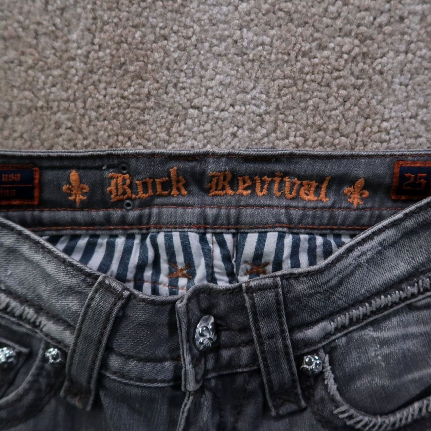 Vintage Rock Revival Celine Straight Jeans Womens 25 Gray Denim Stretch Regular 5-Pocket Leather Logo Men? Size 42" / US 20 - 3 Thumbnail