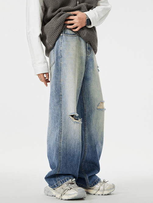 Japanese Brand Light blue vintage distressed straight-leg ripped jeans Size US 32 / EU 48 - 3 Thumbnail