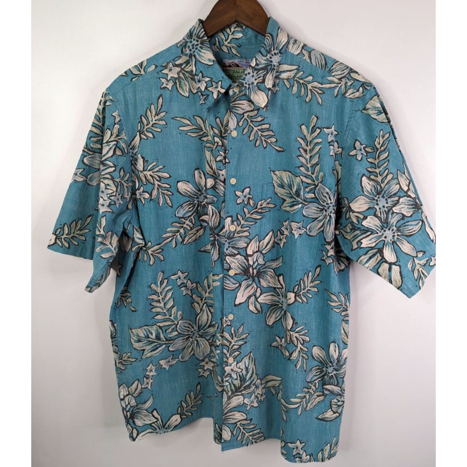 Reyn Spooner Reyn Spooner Hawaiian Traditionals Floral Aloha Short Sleeve Men's Large Blue Cotton Button-Up Pocketed Hawaiian Shirt Size US 33 - 2 Thumbnail