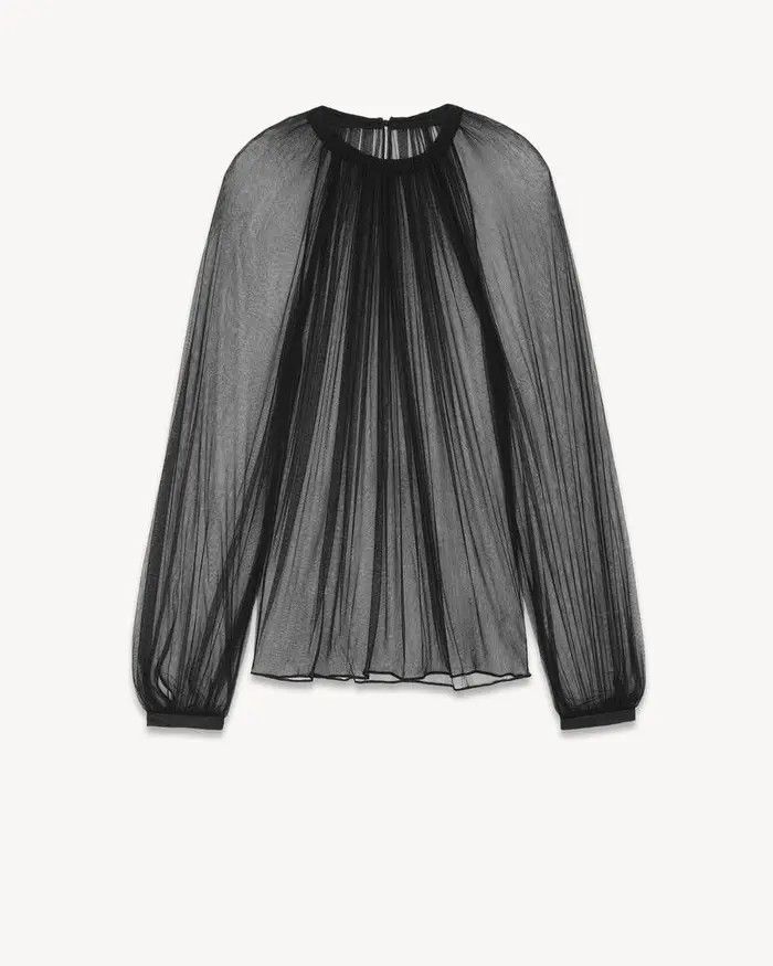 Saint Laurent Paris o1bcso1str0625 Gathered Blouse In Silk Tulle in Black Size US XS / EU 42 / 0 - 1 Thumbnail