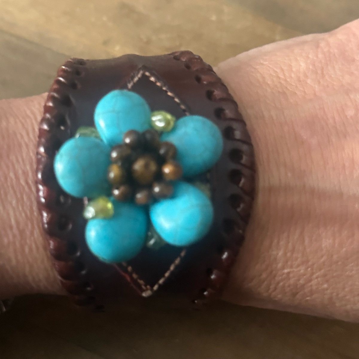 Other Boho turquoise flower wide leather cuff bracelet Size ONE SIZE - 2 Thumbnail