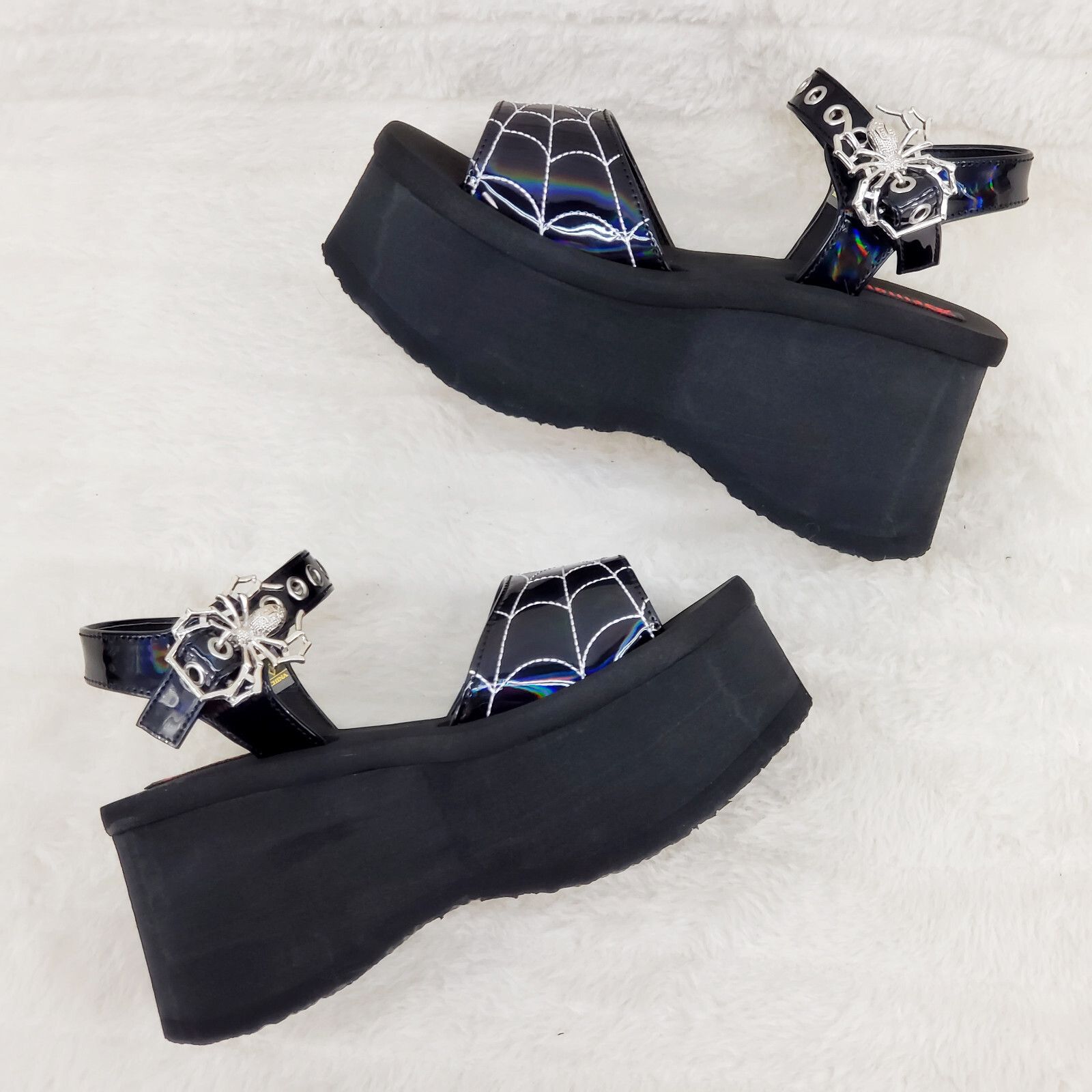 Other Funn Platform Goth Spider Web Sandals Shoes Patent Hologram Size US 6 / IT 36 - 2 Thumbnail