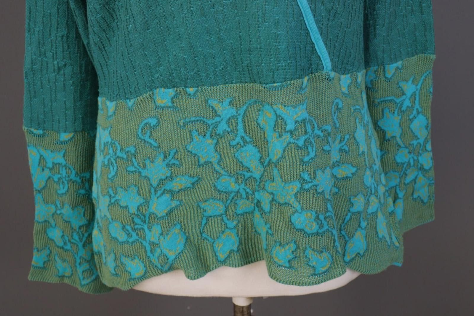 Designer Dunoue Green V-Neck Floral Knit Sweater Size XL Size XL / US 12-14 / IT 48-50 - 4 Thumbnail