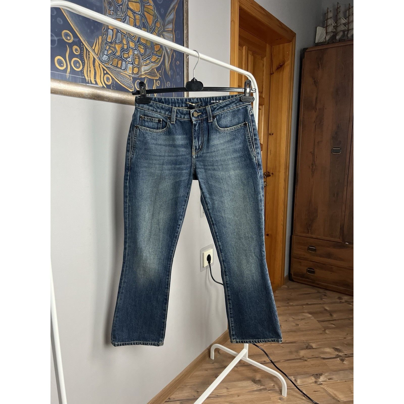 Saint Laurent Paris Saint Laurent Women`s Blue Distressed Denim Bootcut Cropped Size 24" / US 00 / IT 34 - 1 Thumbnail