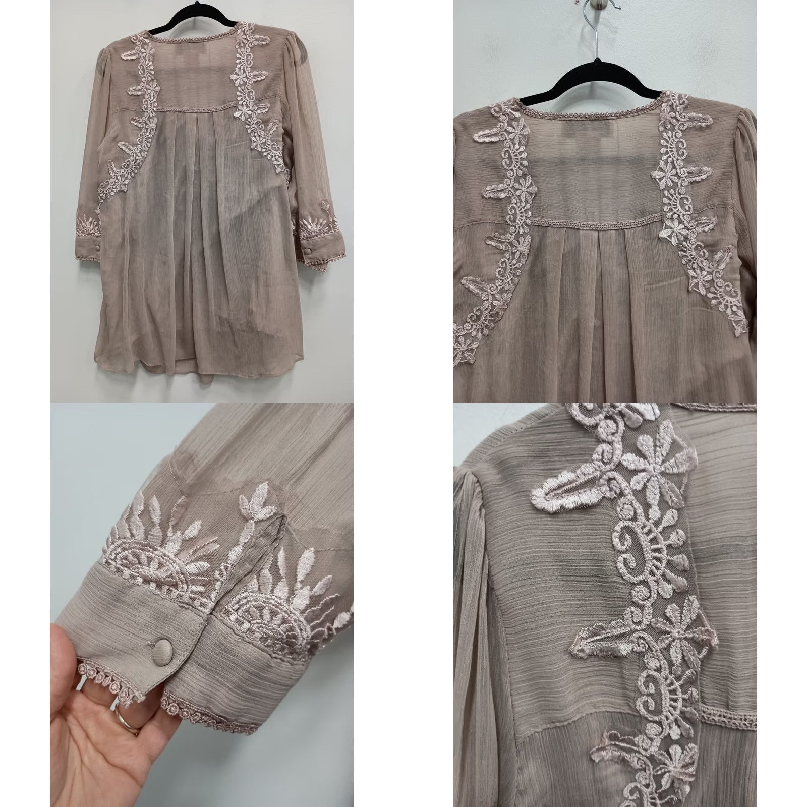 Denime Denim 24/7 Blouse Top Womens Size 16W Beige Embroidered Sheer BOHO Cottage Fairy Size XXL / US 16-18 / IT 52-54 - 9 Thumbnail