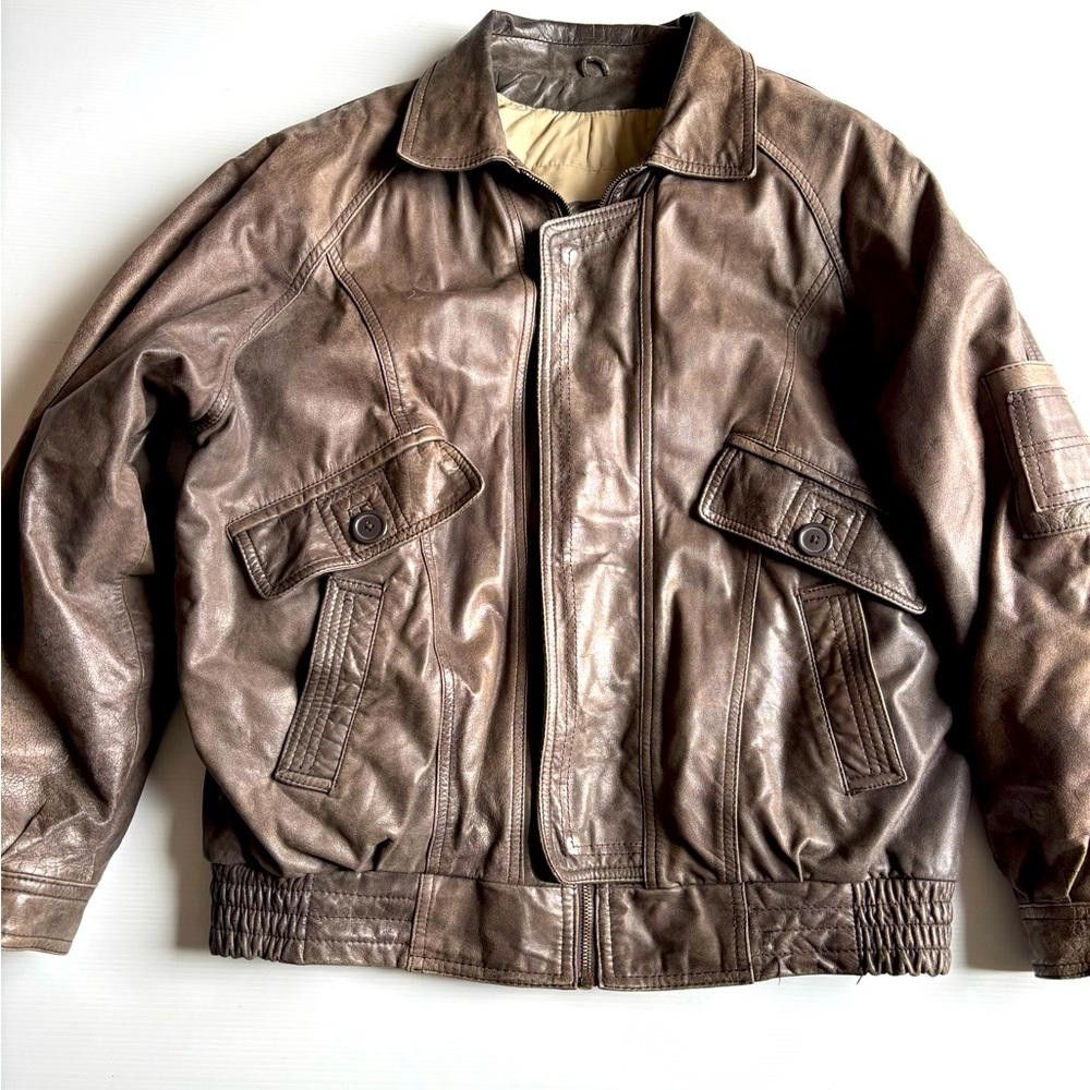 Designer Vintage 80s/90s Bellissimo Brown Bomber Leather Jacket Size US XL / EU 56 / 4 - 1 Thumbnail