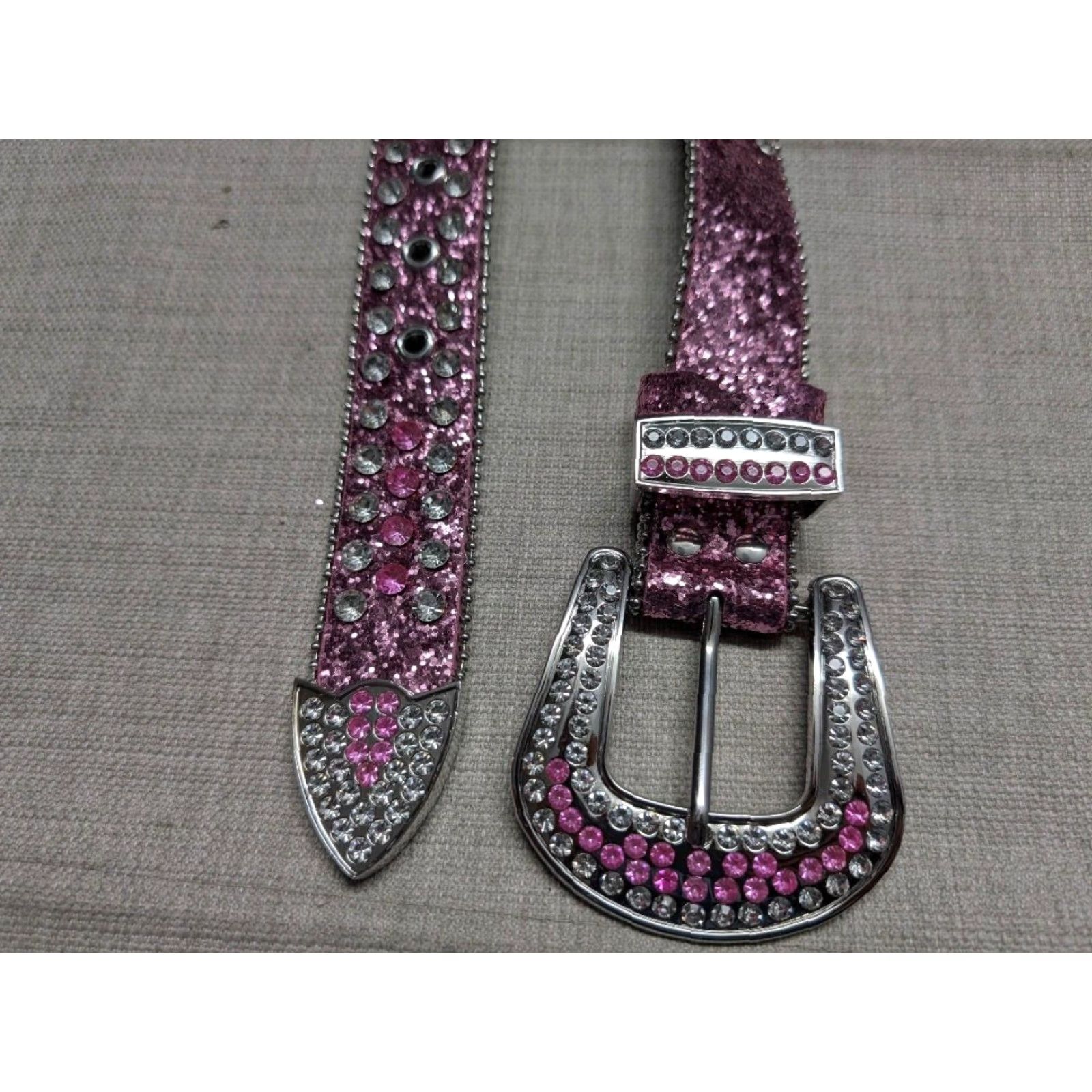 Vintage VINTAGE RHINESTONE STUDDED pink glitter Y2K BUCKLE BELT western 42 belt unisex adults 1-1/2" width pink glitter rhinestone barbie COWBOY Size 42 - 3 Thumbnail