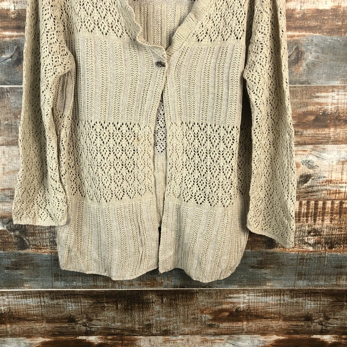 Homespun Knitwear × Japanese Brand × Vintage DL Merci Grace crochet meshnet Brown Cardigan Knitwear #C529 Size L / US 10 / IT 46 - 6 Thumbnail