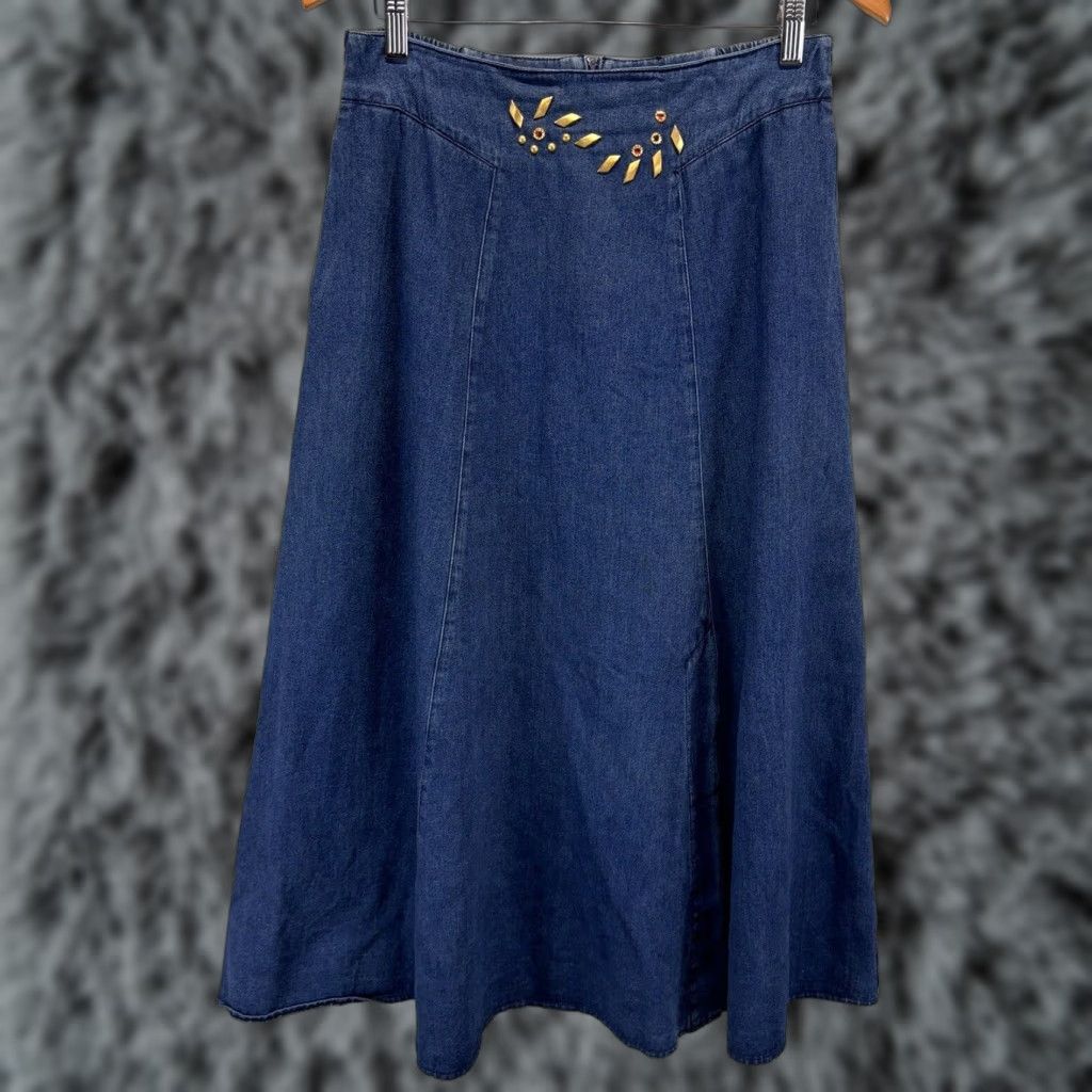 Denime VINTAGE City Girl Sports Denim Maxi Skirt WOMENS 10 Blue Western Pockets Side Slit 90s Size 32" / US 10 / IT 46 - 1 Thumbnail