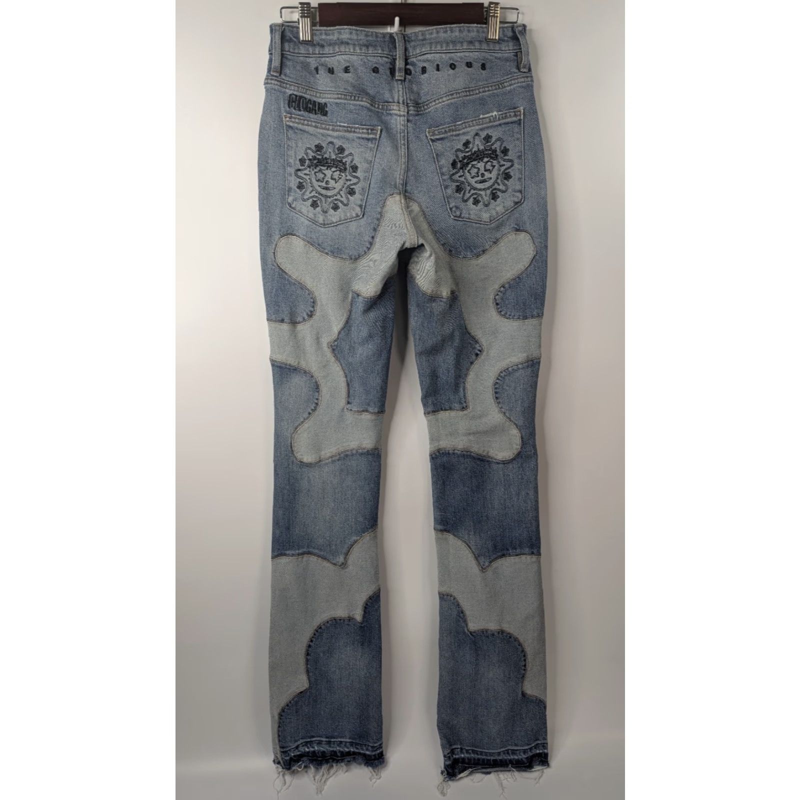 Vintage Glo Gang Jeans Unisex Adults Denim Hip-Hop High Street Retro Stitching Raw Hem Size 32 Blue 36 In Inseam Flared Mens Womens Boys Girls Size US 32 / EU 48 - 5 Thumbnail