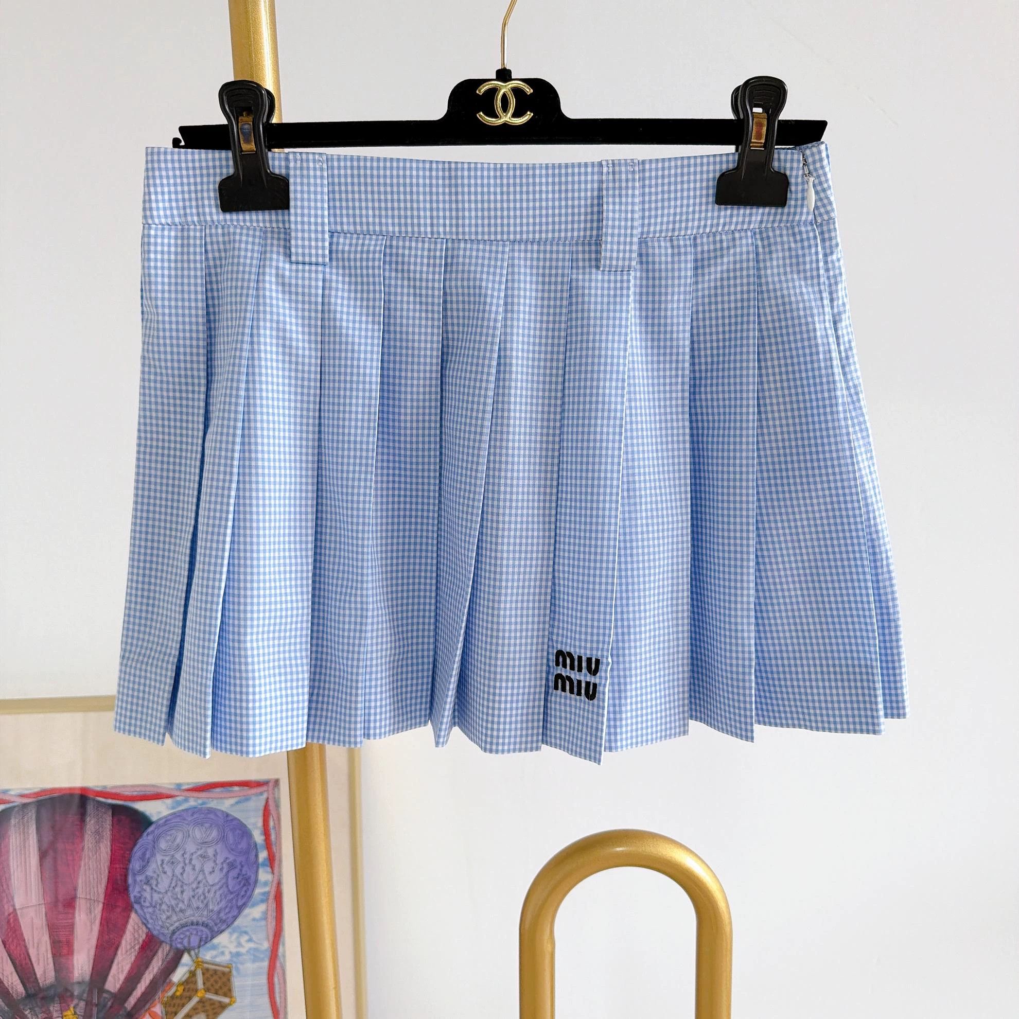 Miu Miu MIU MIU Women's Blue Checked Pleated Mini Skirt 36 Size 25" / US 0 / IT 36 - 1 Thumbnail