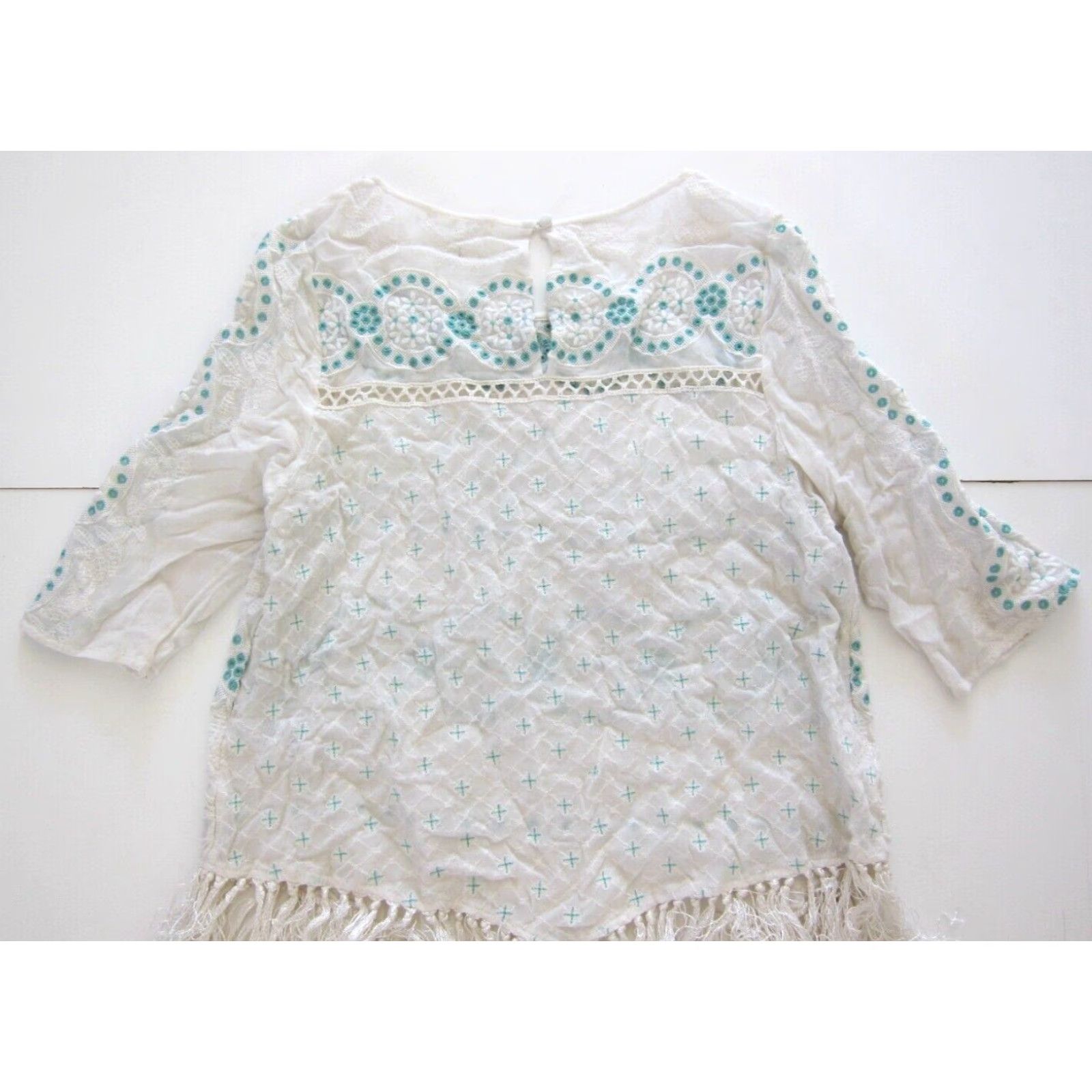 Anthropologie VINTAGE Floreat Anthropologie Cotton White Green Embroidered Fringe Tunic Blouse 8 Size M / US 6-8 / IT 42-44 - 6 Thumbnail