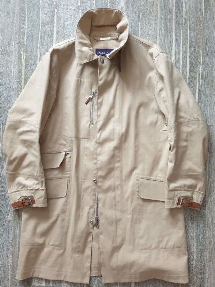 image of Ralph Lauren Purple Label Ralph Laurent Cotton Pocket Leather Detail Raincoat Jacket in Beige (Size