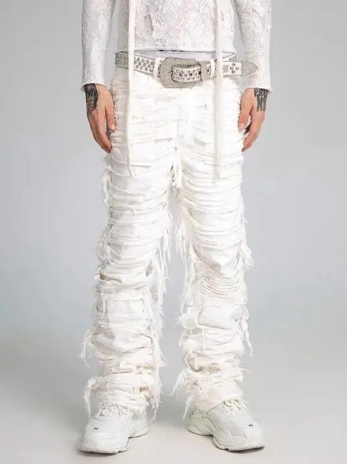 Jean Trendy lace multi-layer ruined heavy industry white jeans Size US 30 / EU 46 - 1 Thumbnail