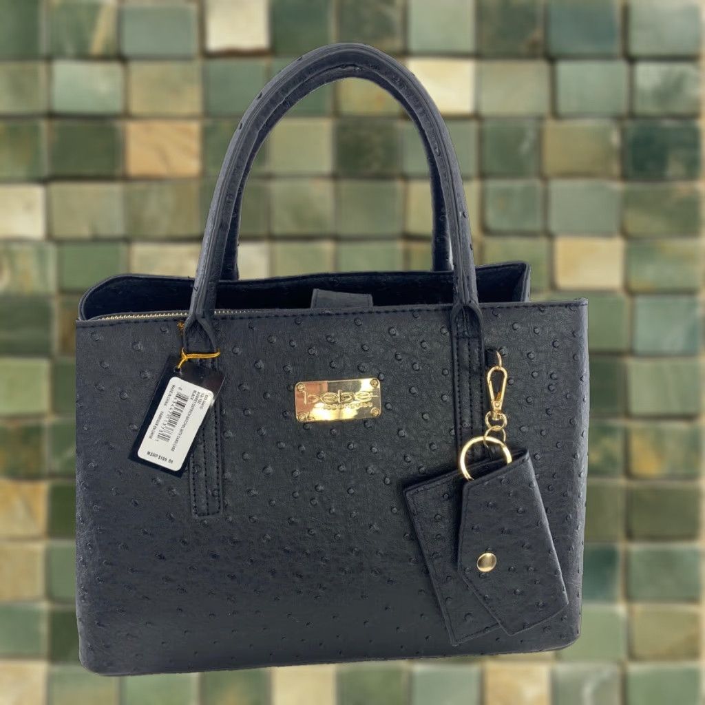 Bebe Aubrey Faux Ostrich Satchel Medium Black Gold-Tone Crossbody Bag For Women