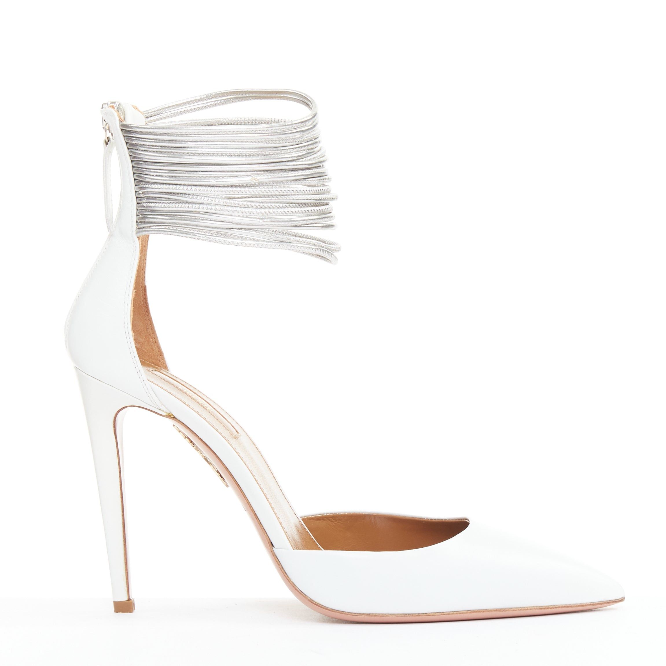 Aquazzura AQUAZZURA Hello Lover 105 white calf silver corded ankle strap pumps EU37.5 Size US 7.5 / IT 37.5 - 1 Thumbnail