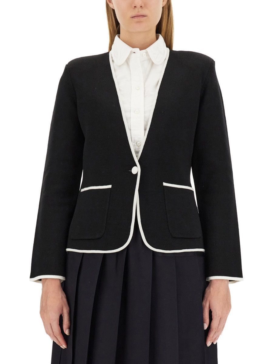 Thom Browne THOM BROWNE SINGLE-BREASTED COLLARLESS JACKET - BLAC (IT 42) Size M / US 6-8 / IT 42-44 - 1 Thumbnail
