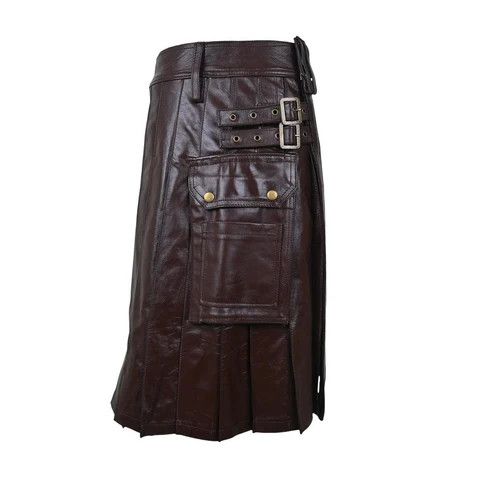 Handmade × Leather Customized Utility Cargo Leather Kilt Brown Size US 44 / EU 60 - 4 Thumbnail