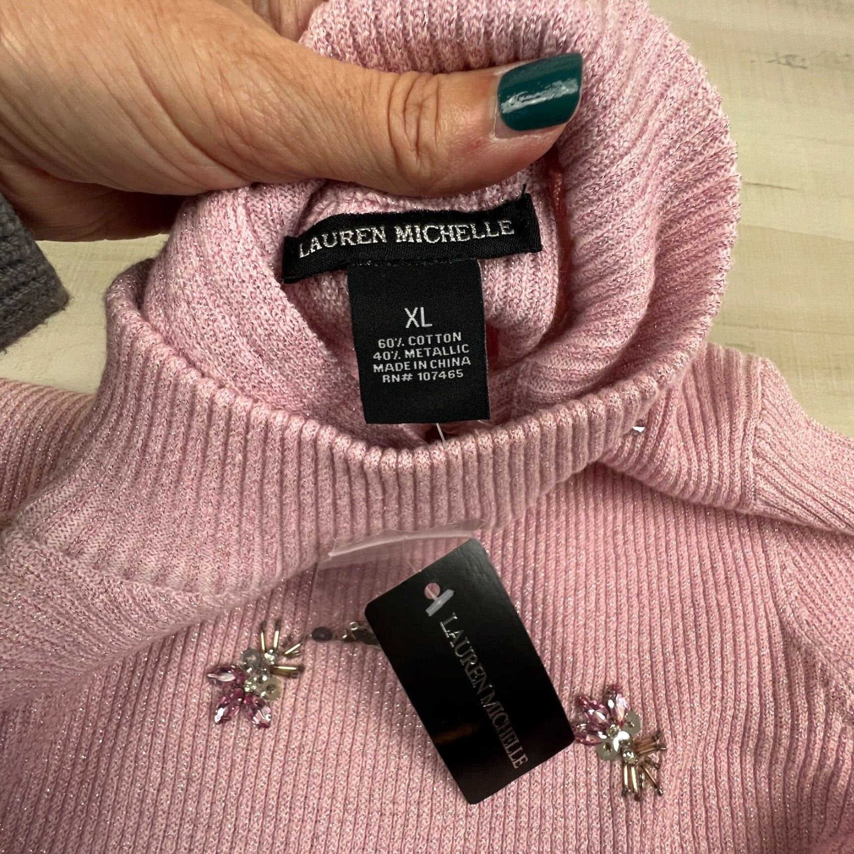 Vintage Lauren Michelle Womens Sweater XL Pink Rhinestones Mock Neck 3/4 Sleeves New Size XL / US 12-14 / IT 48-50 - 3 Thumbnail