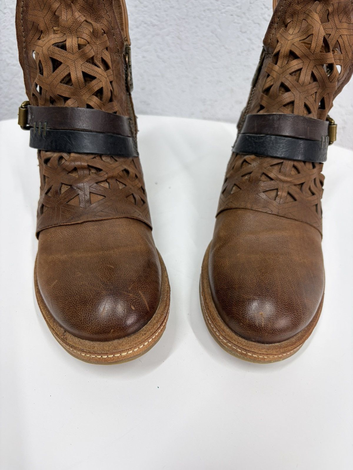 If Six Was Nine Brown Leather Studded Harness Boots Multi-Strap Biker Boots Size US 8 / IT 38 - 12 Thumbnail