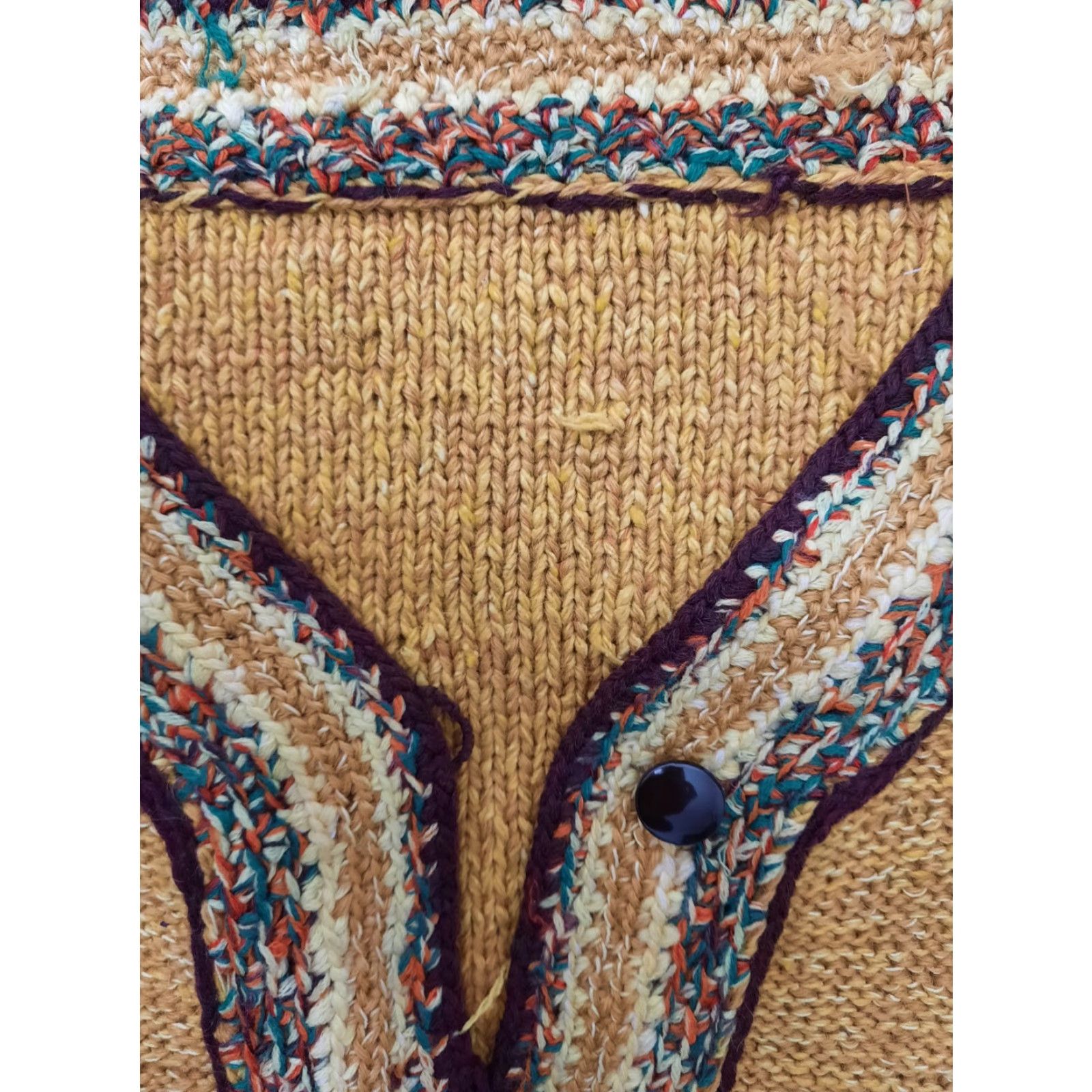Vintage VINTAGE 70s Cardigan Sweater Women XL Yellow Brown Boho V Neck Round Neck 70s Pattern Knit Acrylic Belted Shoestring Not Included Size XL / US 12-14 / IT 48-50 - 3 Thumbnail