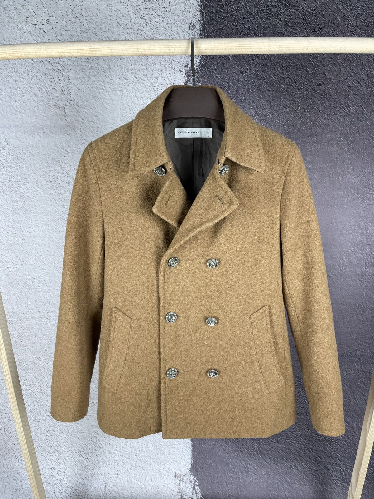 Japanese Brand Takeo Kikuchi Tokyo beige double breasted wool pea coat Size US L / EU 52-54 / 3 - 2 Thumbnail