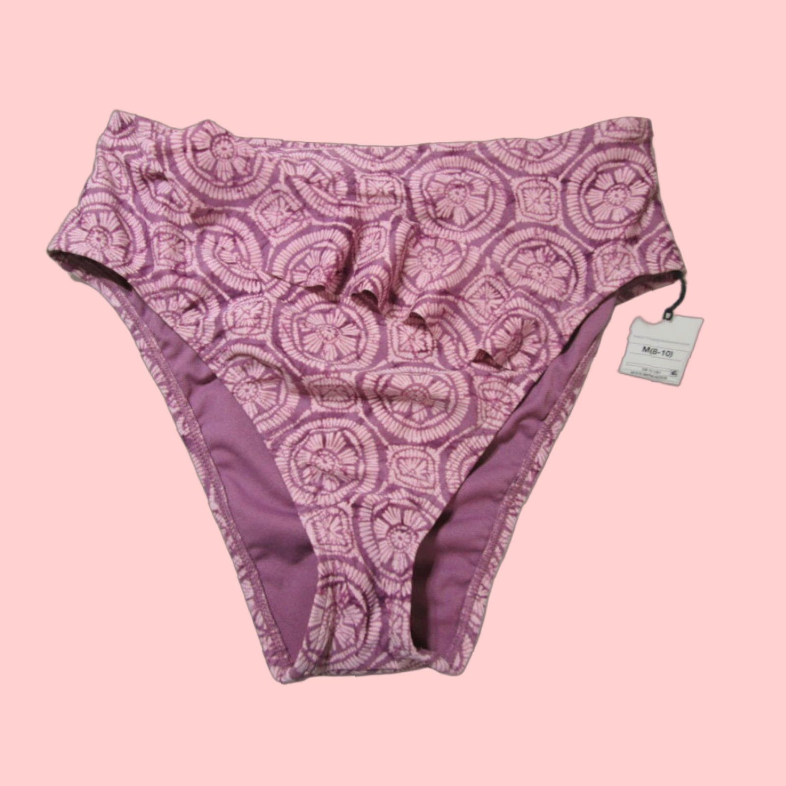 Vintage Shade & Shore Women's High-Waisted Ruffle Bikini Bottom Size M Dusty Pink Floral Beach Swimwear