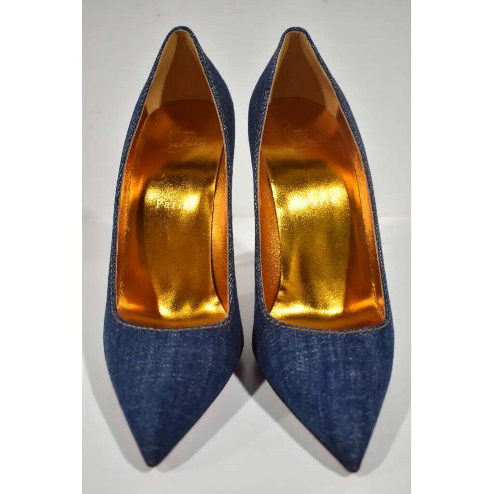 Christian Louboutin Kate 100 Blue Denim Saba Gold Stiletto Pointed Heel Pump 40 Size US 10 / IT 40 - 6 Thumbnail