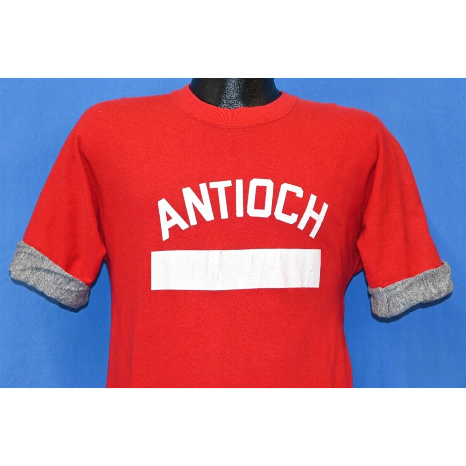 image of Vintage 70's Reversible Antioch School Gym Red Gray Cuff Sleeve T-Shirt Small S in White, Men's