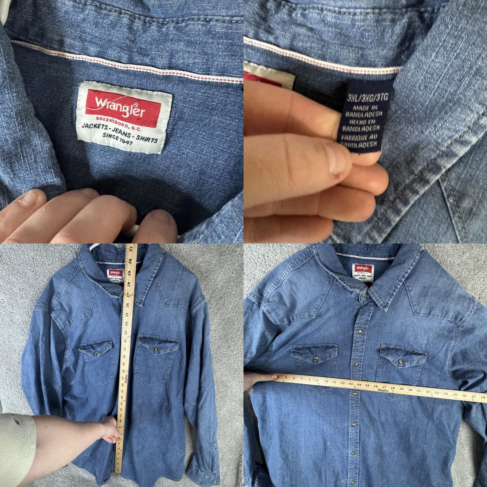 Wrangler Wrangler Shirt Mens 3XL Blue Denim Western Pearl Snap Long Sleeve Cowboy Ranch Size US XXL / EU 58 / 5 - 8 Thumbnail