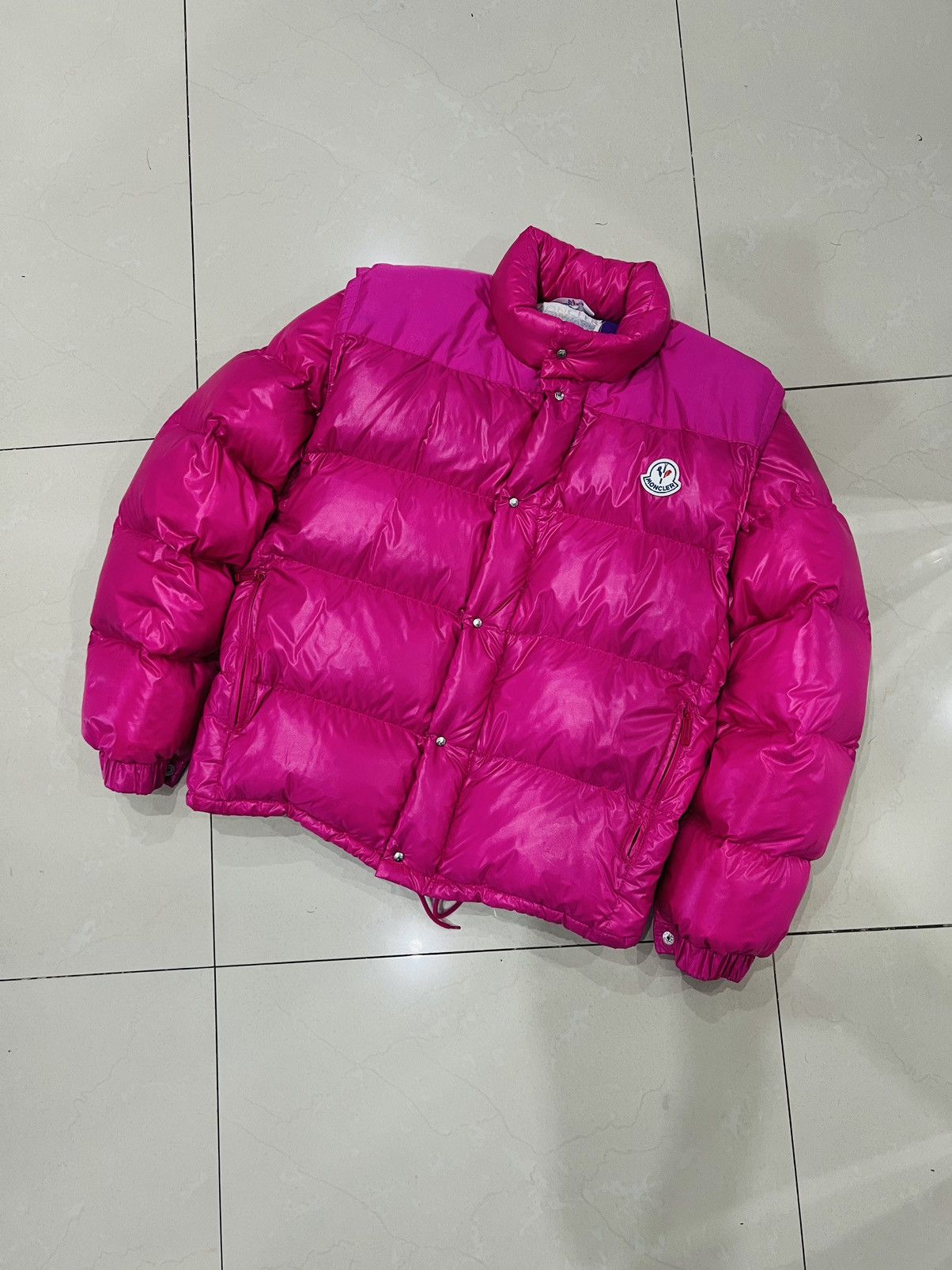 image of Vintage Moncler Pink Puffer Shiny Down Jacket 2In1 Vest, Men's (Size Medium)