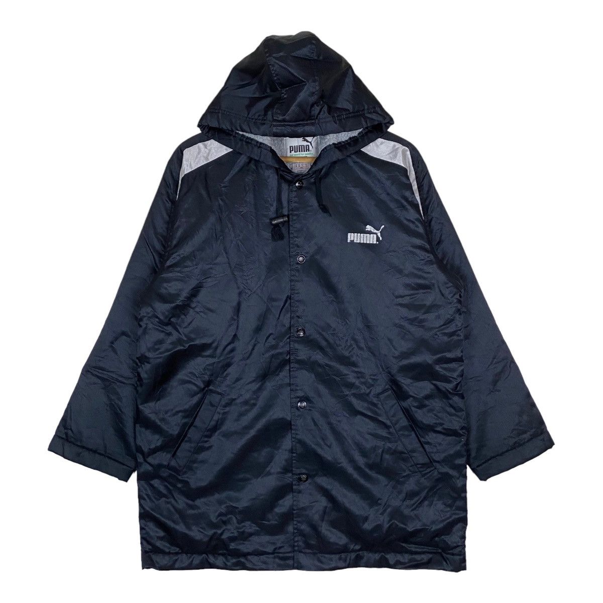 image of Vintage Puma Mini Logo Snap Button Medium Long Hoodie Jacket in Black, Men's