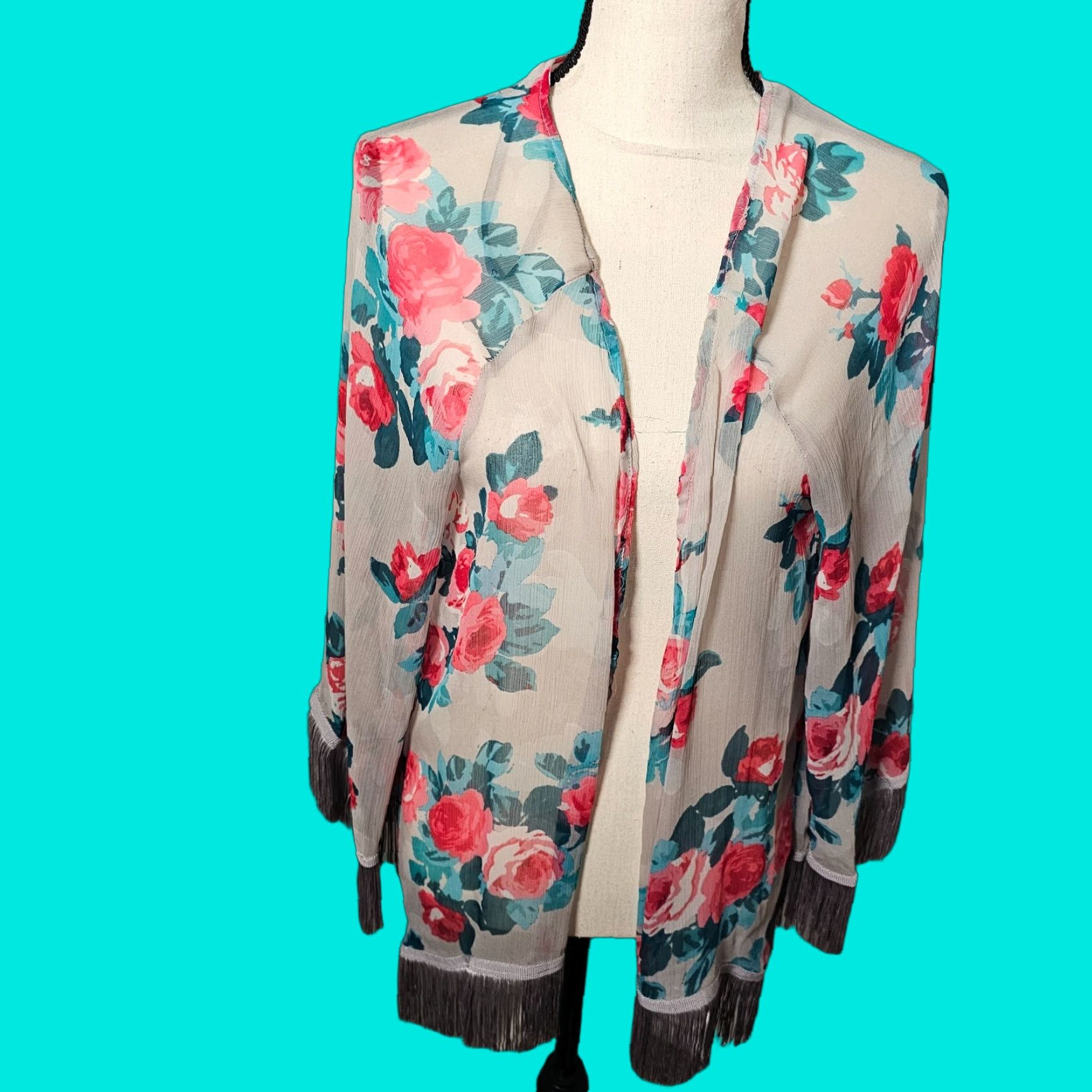 Jessica Simpson Jessica Simpson Cardigan Women’s 3/4 Sleeve Gray Floral Knit Open Front Tassel Trim S Bohemian Womens Size S / US 4 / IT 40 - 1 Thumbnail